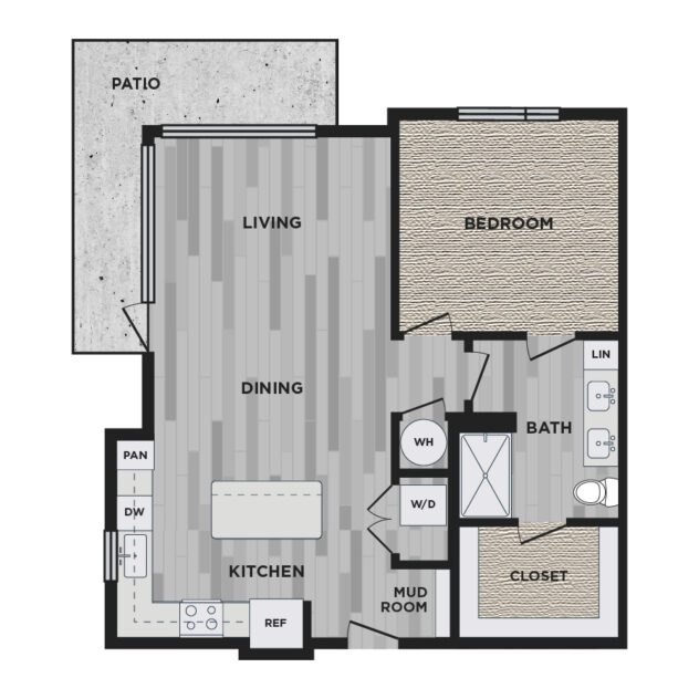 An artistic depiction of the A9 floor plan at The Academic apartments in Dallas.