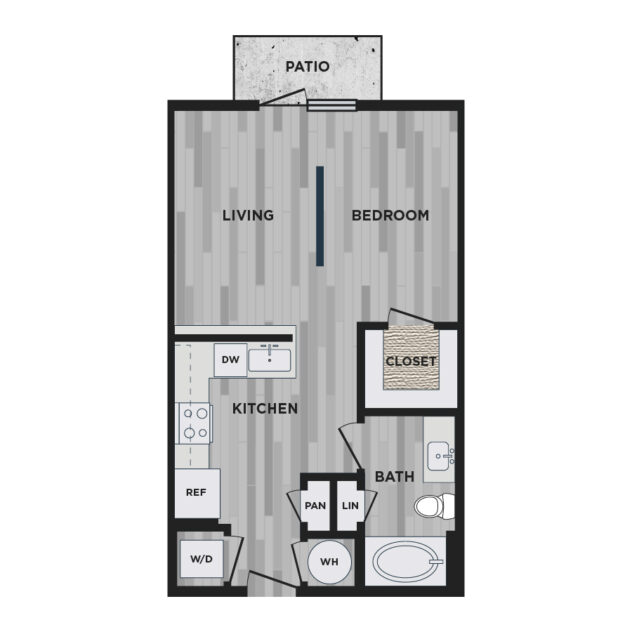 An artistic depiction of the E1 floor plan at The Academic apartments in Dallas.